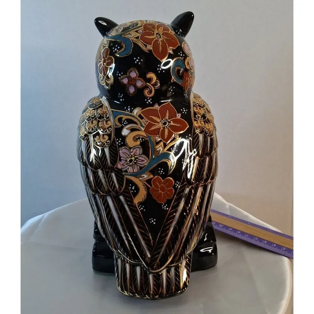 Japanese Kutani Owl Porcelain Figurine Mori Gold Painted Fukuro Lucky Owl Vintag